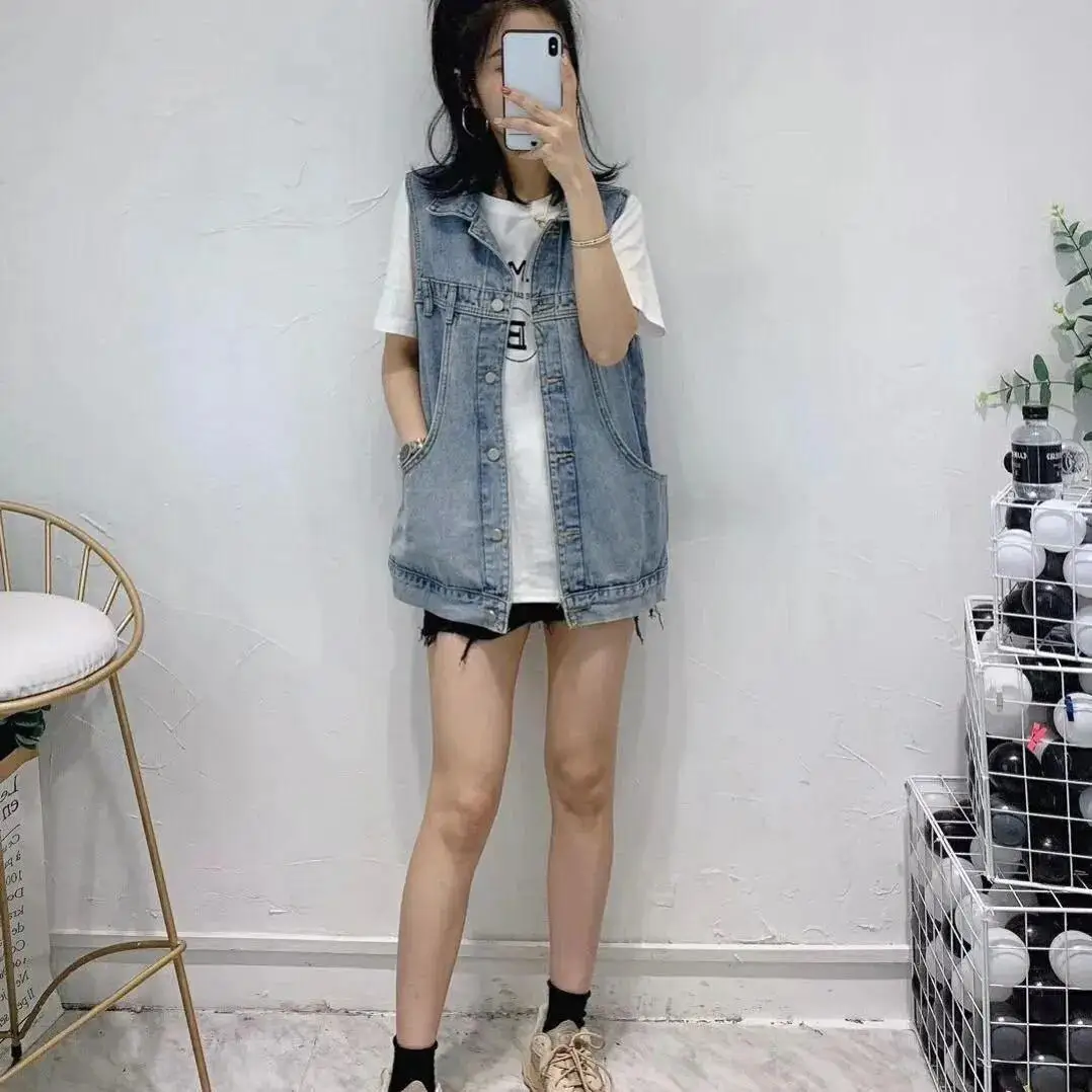 Faionable Mid-Length Denim Vest Women's Outerwear Svel Mom Sle Trendy  Collar Single Button Closure Cotton 
