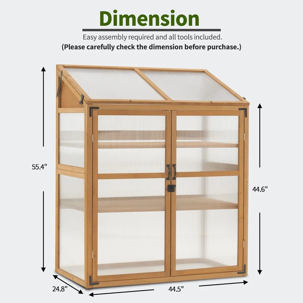 Large Wooden Greenhouse with Adjustable Shelves,  4 Reinforced Metal Supports for Greater Stability, Conservatory, Natural