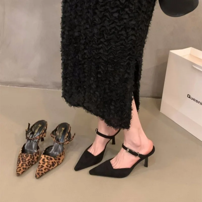 

New Style fashion Women's Designer Shoes Luxury Leopard Print Mules Pointed Toe Bling Bling Sandals Crystal High Heel Big Size