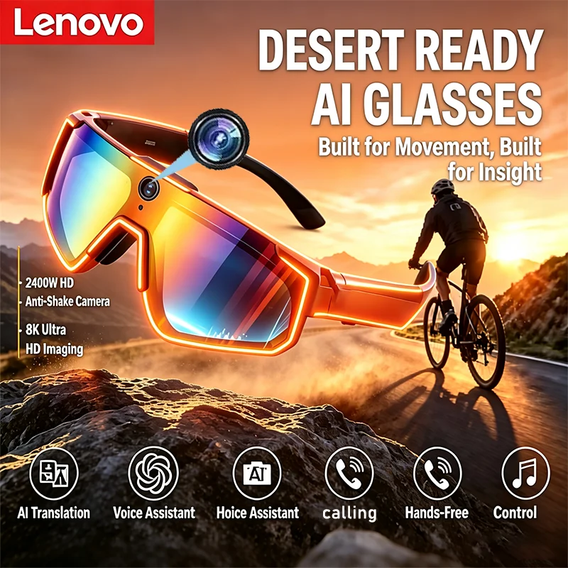 Lenovo 2026 New ChatGPT AI Smart Glasses 2400W Camera 1080P Anti Shake Video Cycling Sport Sunglasses Dual Mic 32GB Windproof