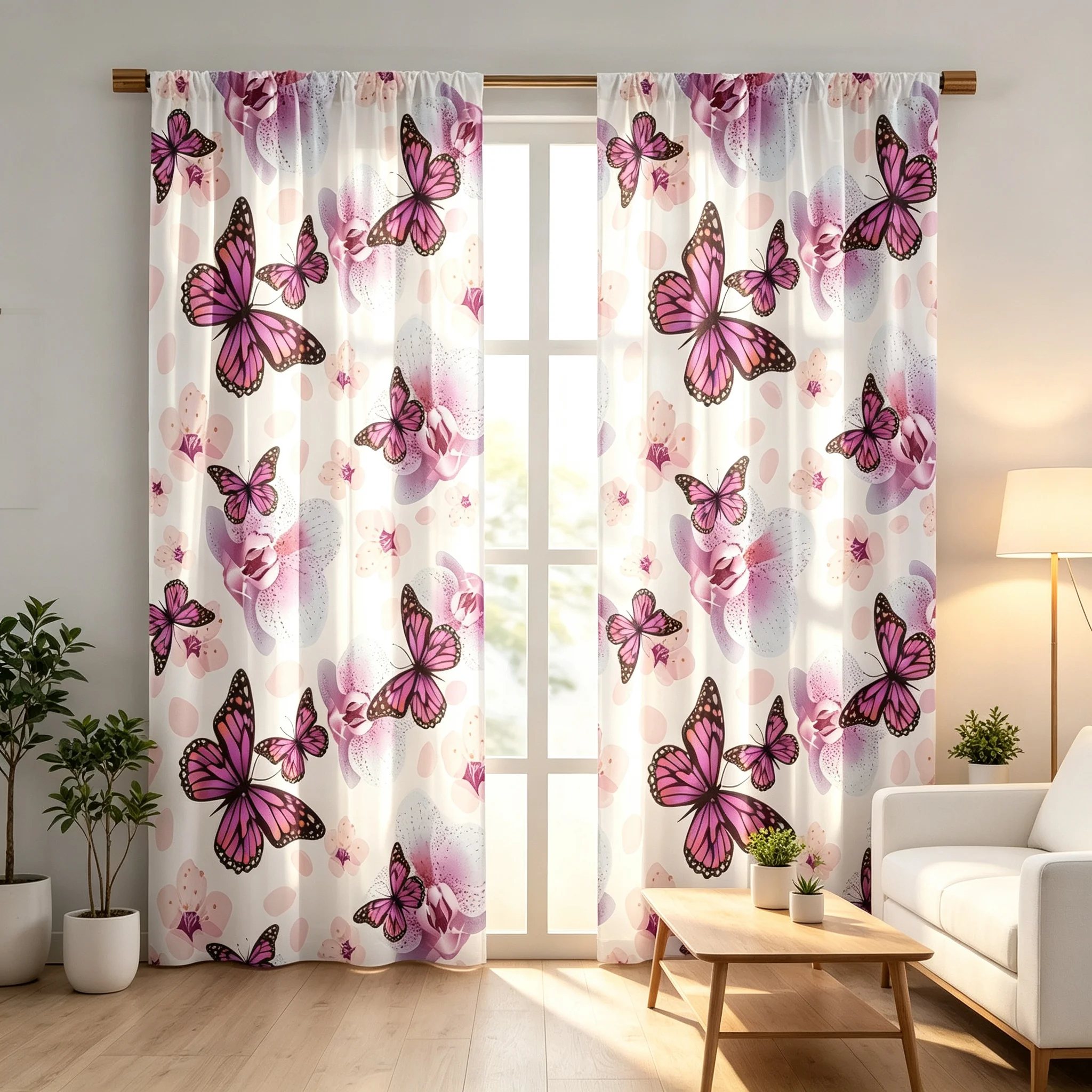 2-Piece Butterfly Print Blackout Insulated Curtains 100% Polyester Fiber Machine Washable Modern Rod Pocket Style Window Treatme
