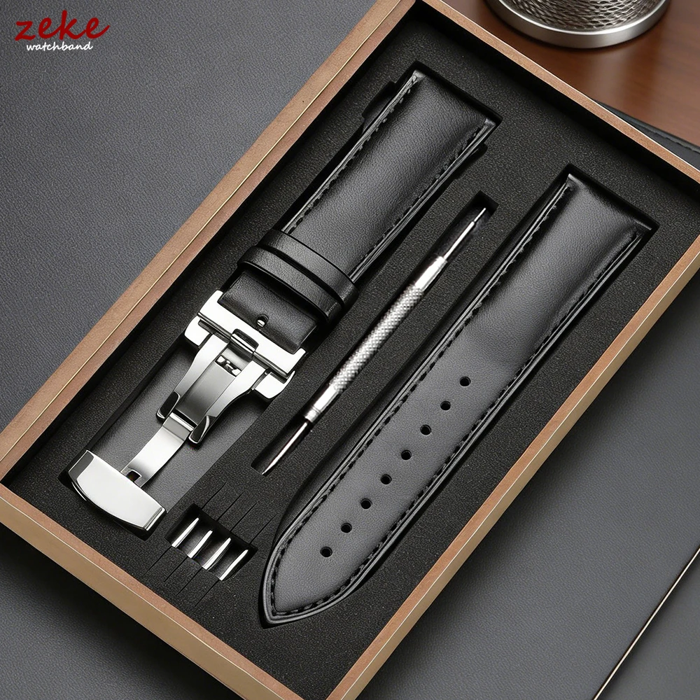 Echtes Leder-Uhrenarmband, 12/14/16/18/19/20/21/22 mm, Uhrenarmband für DW, Butterfly-Schnalle, Herren- und Damen-Business-Uhrenarmband mit Holzbox