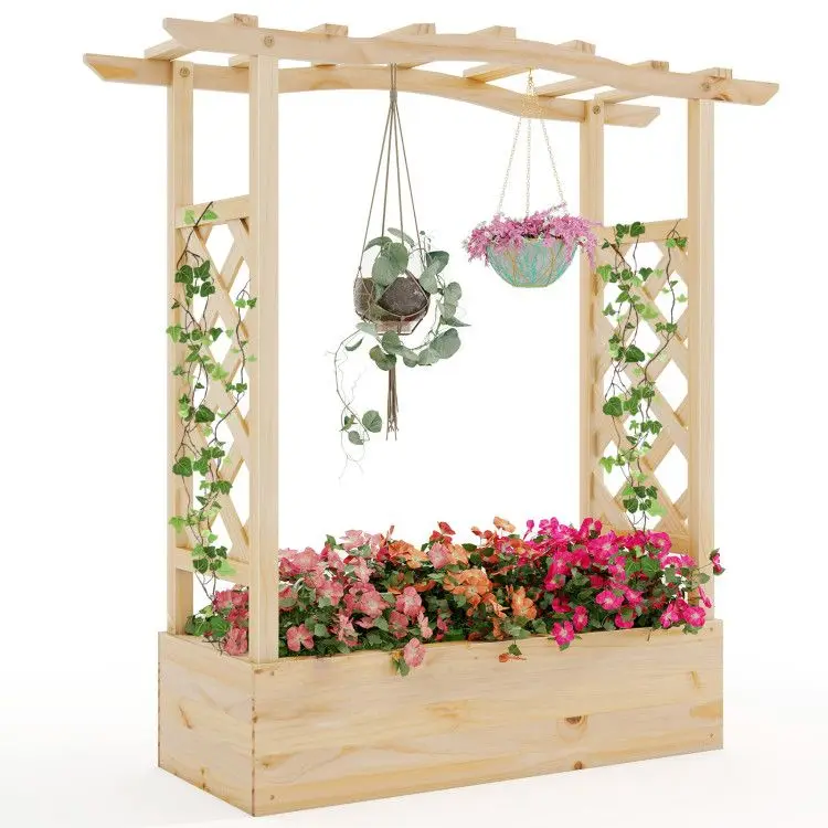 

Wooden Raised Garden Bed Planter Box with Trellis and Hanging Roof