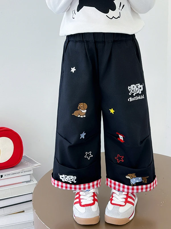 

Весенне-осенние вышитые брюки для девочек, повседневные, модные, с вышивкой в виде маленькой собачки, в рабочем стиле, с высокой талией, широкие штанины, для повседневной носки