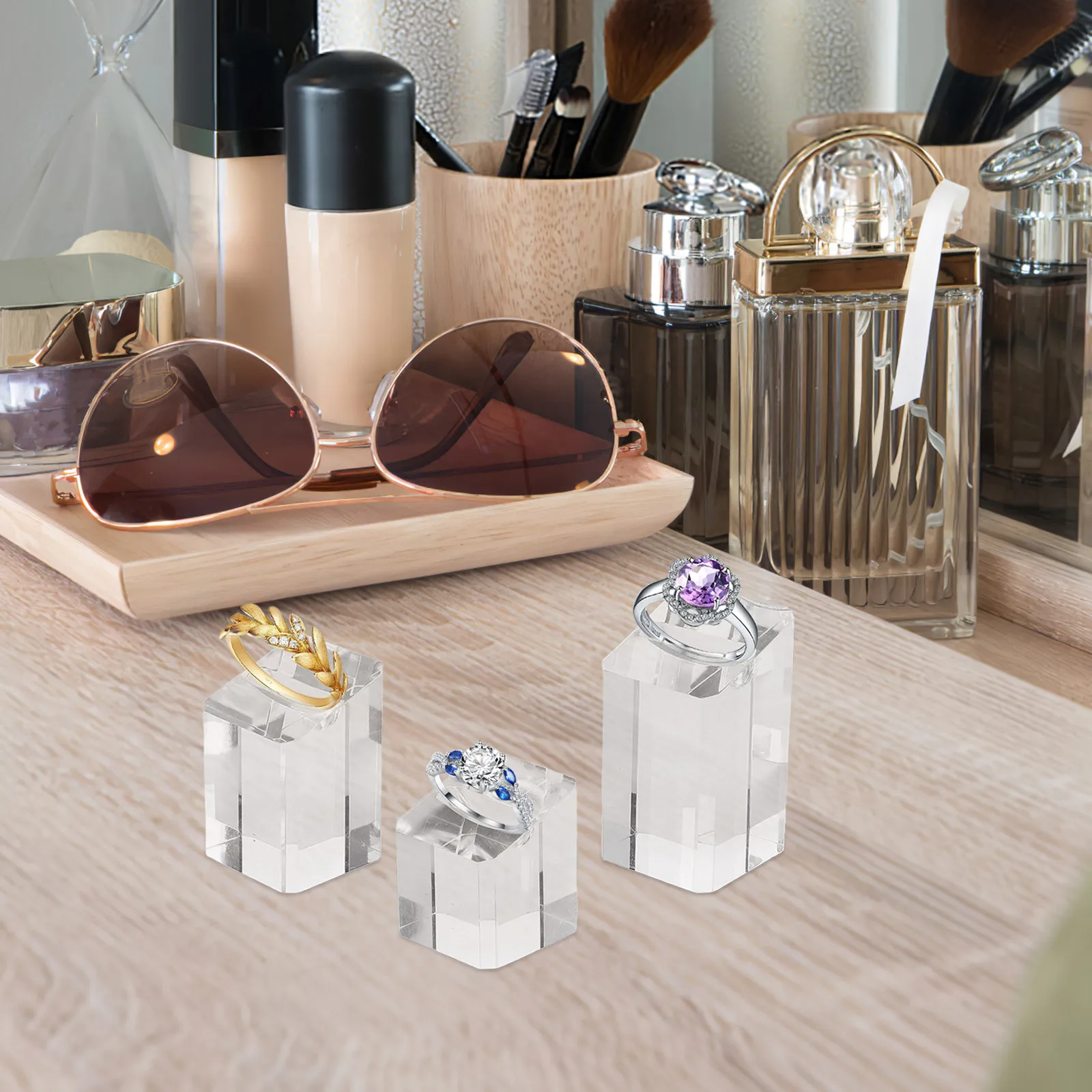 

3Pcs Ring Display Stand Set with Slanted Square Surface for Wedding Rings Or Stretchy Bands Portable Jewelry Hand Display