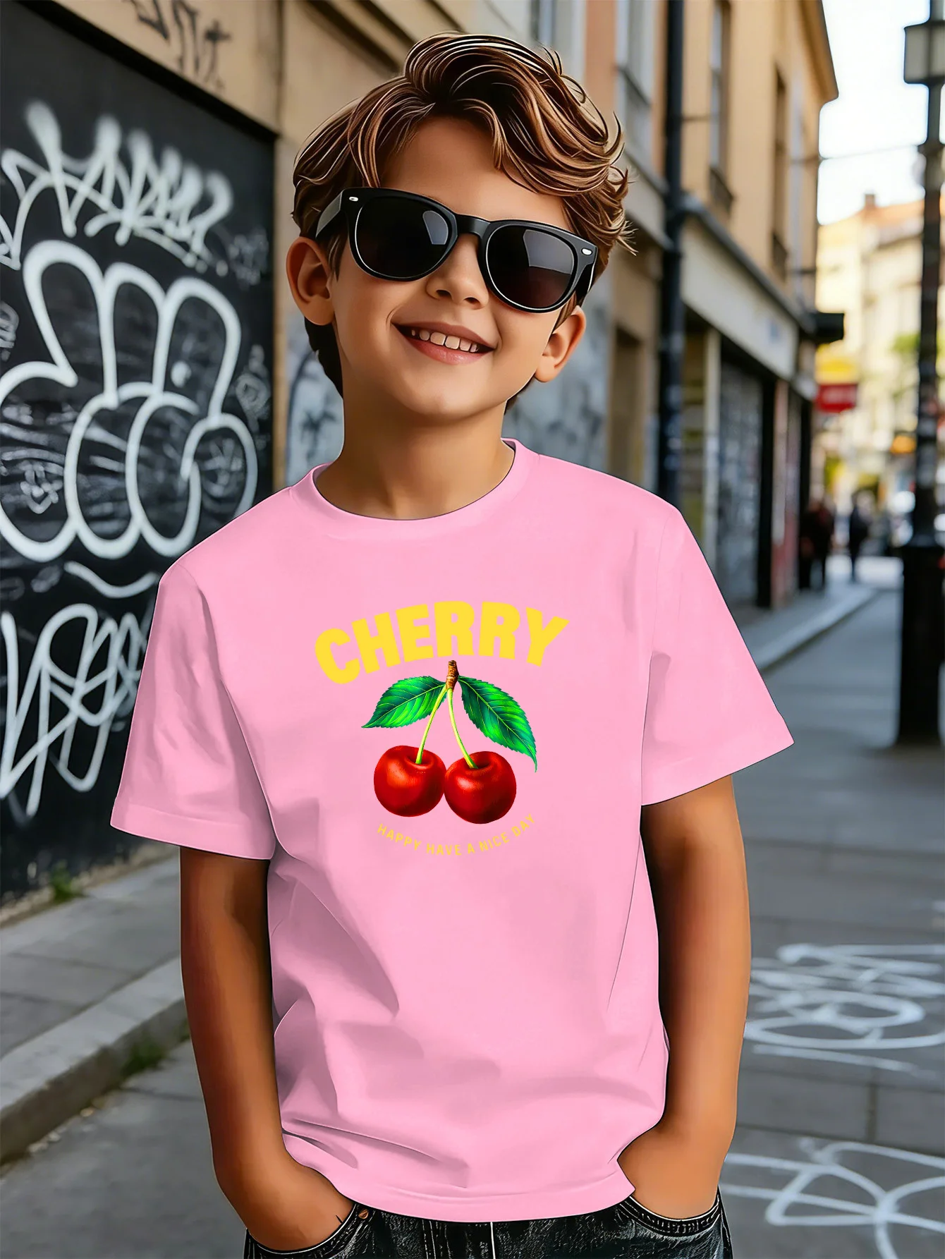 Bright Cherry Fruit Letter Happy Slogan Print Kids Tee Boys Girls Cotton Summer Soft Casual Unisex Kids Short Sleeve Shirts