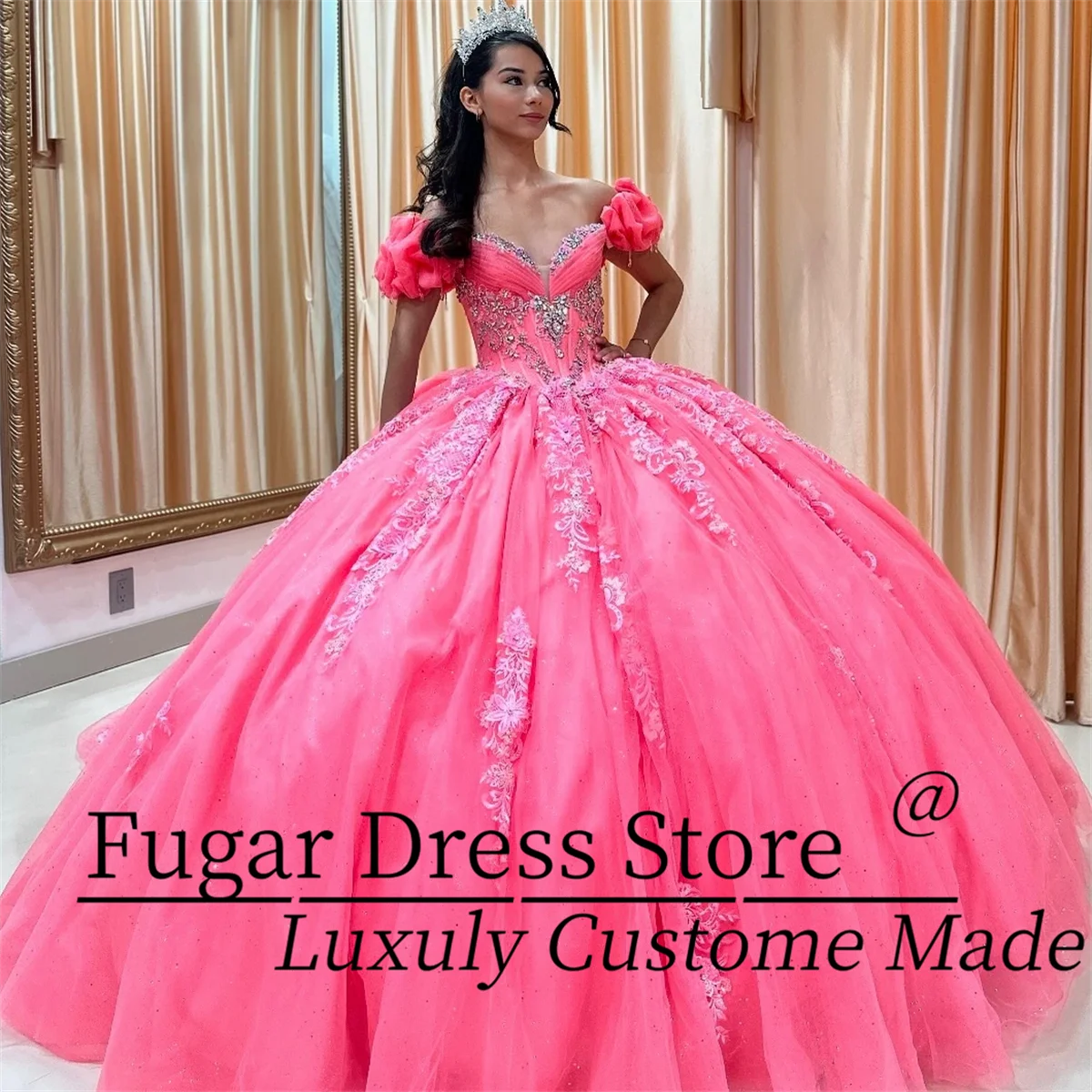 

Розовые великолепные платья Quinceanera по индивидуальному заказу, расшитые бисером, милые кружевные аппликации, бальные платья для выпускного вечера, платья de 15, quinceañera