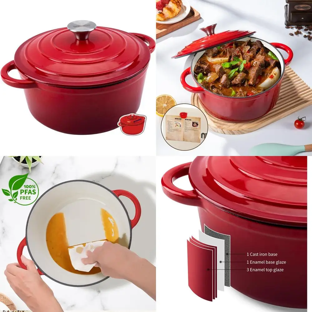 

Red 5.5-Quart Enamel-Coated Cast Iron Dutch Oven with Lid for Baking, Braising, Stews, and Roasting, Oven-Safe to 500°F