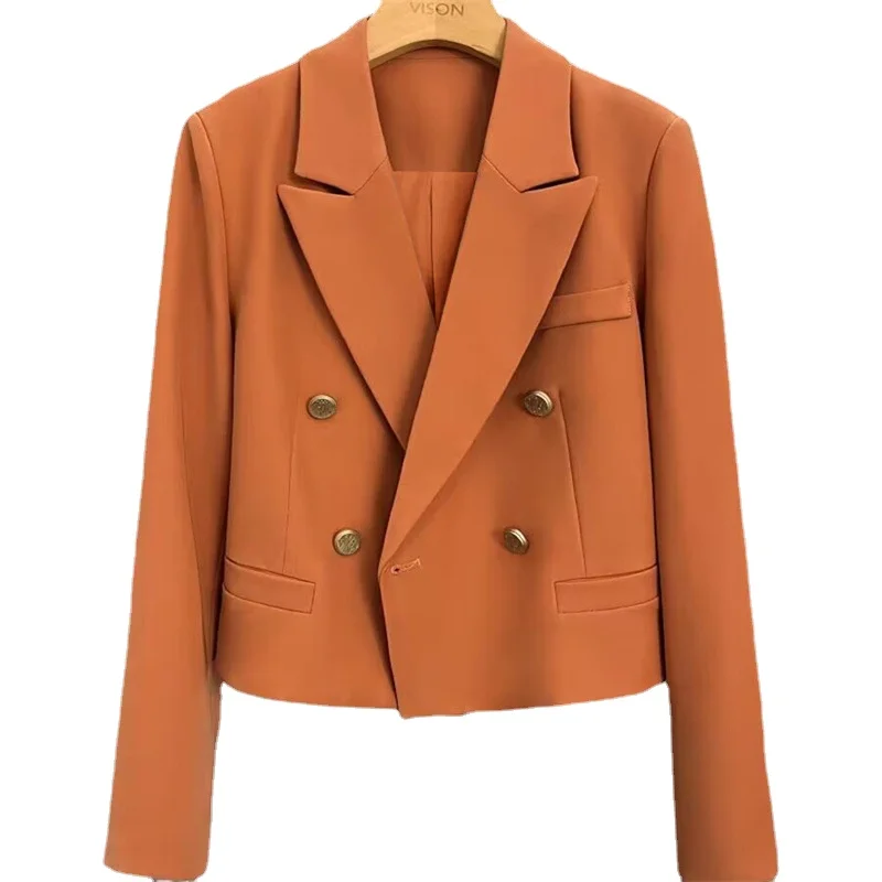 New Cropped Blazers for Women Fashion Double-Button Jacket Ladies Simple Casual Office Suit Coat Vintage Long Sleeve Outerwear