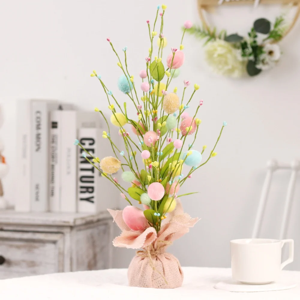 

40cm Easter Eggs Tree Ornaments with Artificial Flowers Desktop Decoration Colorful Bird Eggs Spring Party Happy Easter Decor