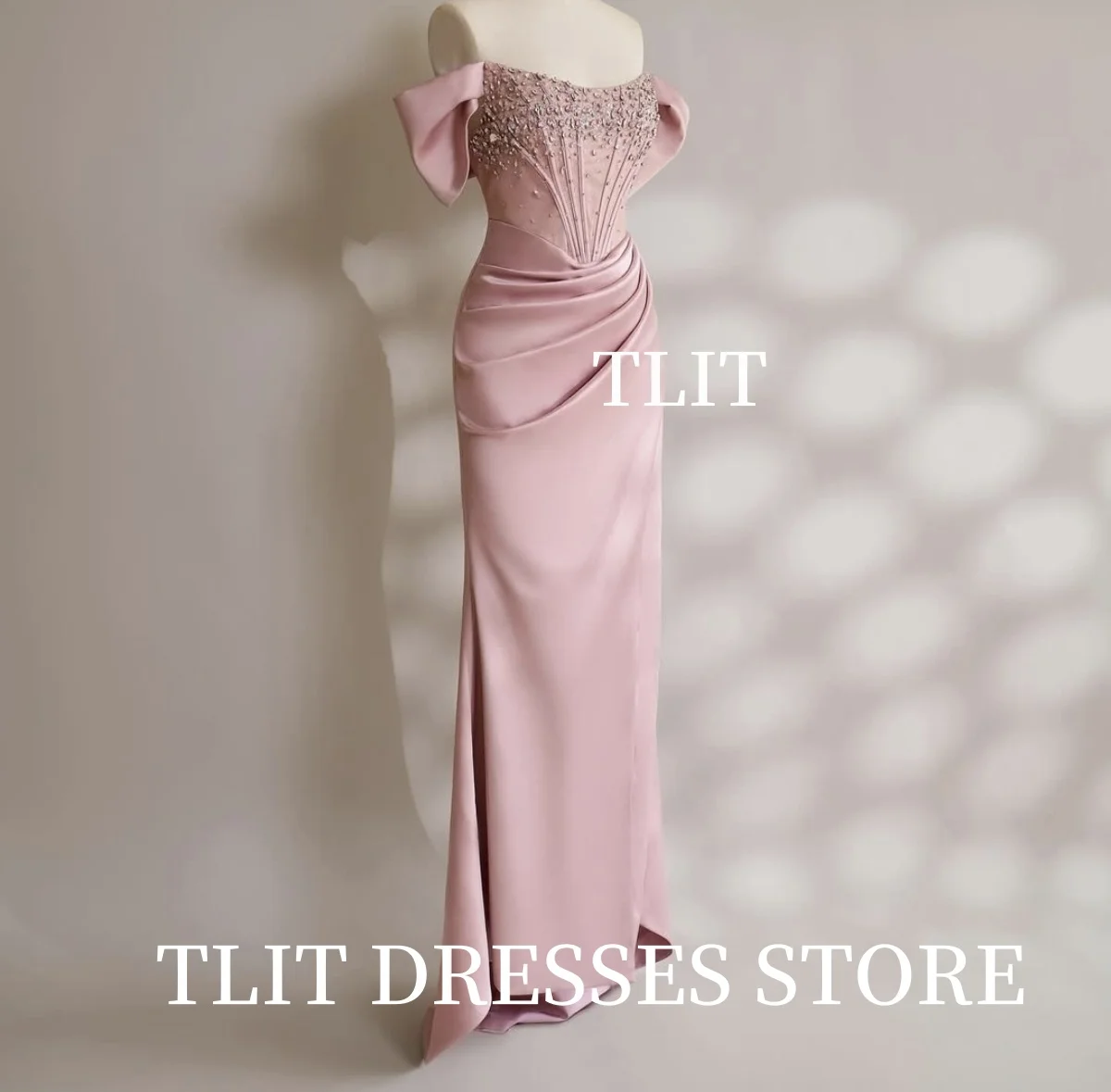 TLIT Elegant Baby Pink Silk Satin Evening Dresses Customized Off The Shoulder Crystals Strapless Prom Gowns A-Line تنورة