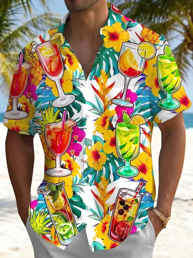 Tropical Beach Element Men's Hawaiian Shirts Summer Vacation Casual Beachwear Short Sleeve Lapel Tops Men Apparel