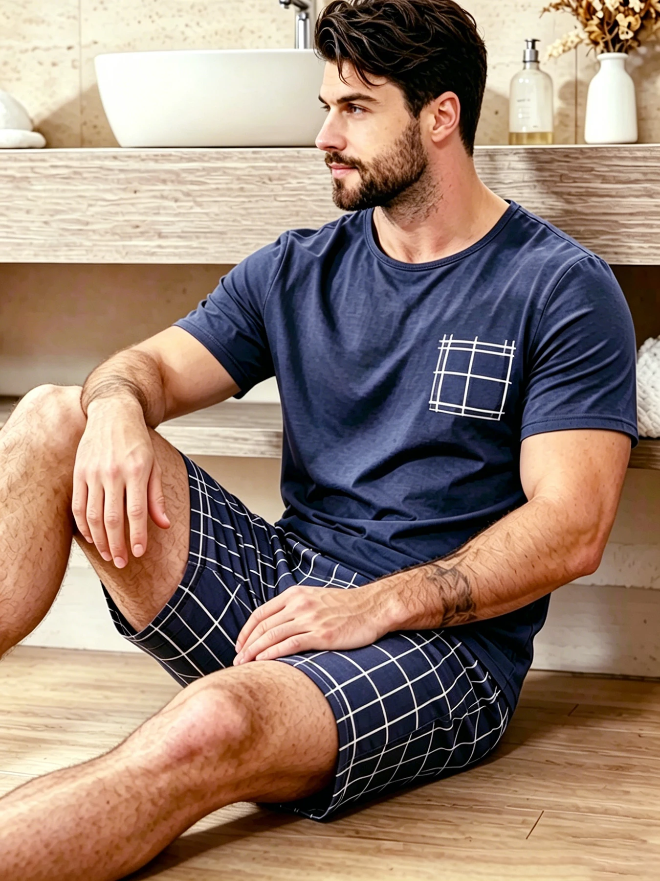 Kariertes Herren-Pyjama-Set, Rundhalsausschnitt, kurzärmliges Oberteil und elastische Shorts, hautfreundlicher Stoff, bequeme, entspannte Passform, Loungewear-Pjs – Detail 14