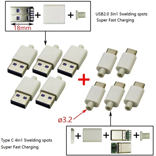 초고속 충전 5 용접 스폿 USB 2.0 수 커넥터 조립, C타입 잭 충전 소켓, DIY 납땜, 10 세트 (5 + 5), 3 인 1 