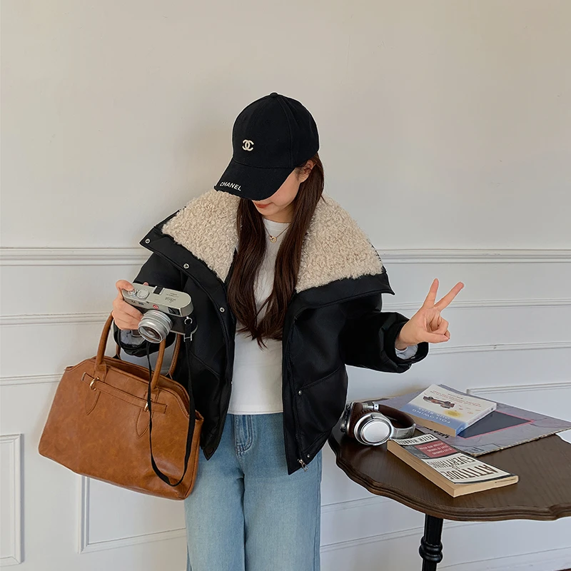 

Down Cotton Coats Winter Warm Jackets Women Clothes Short Jacket Lamb wool collar Long Sleeve Imitation leather Parkas