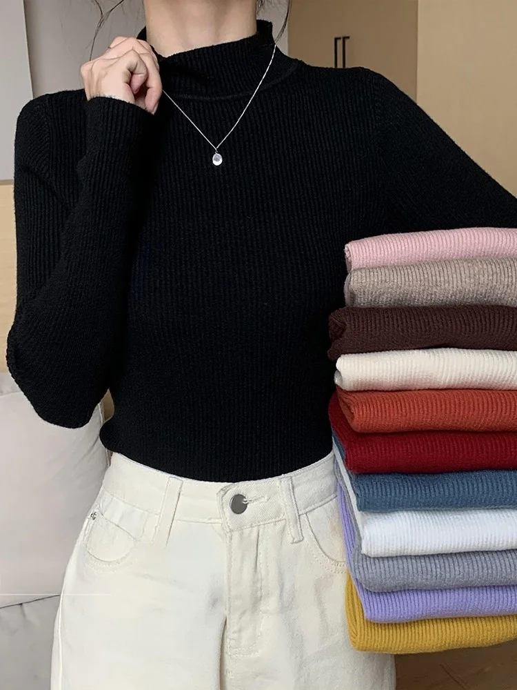 

Spring New Sle Women's Knitted Sweater f High Collar Long Sve Inner Wear Base irt Bla Color Full Size Faionable