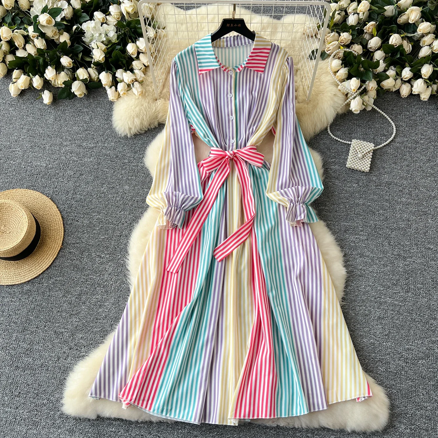 

Vintage Elegant Striped lool Sleeve Single Breasted loose Turn-down Collar Dress Women Fashion summer Spring dresses