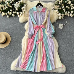 Vintage  Elegant Striped lool Sleeve Single Breasted loose Turn-down Collar Dress Women  Fashion summer Spring dresses