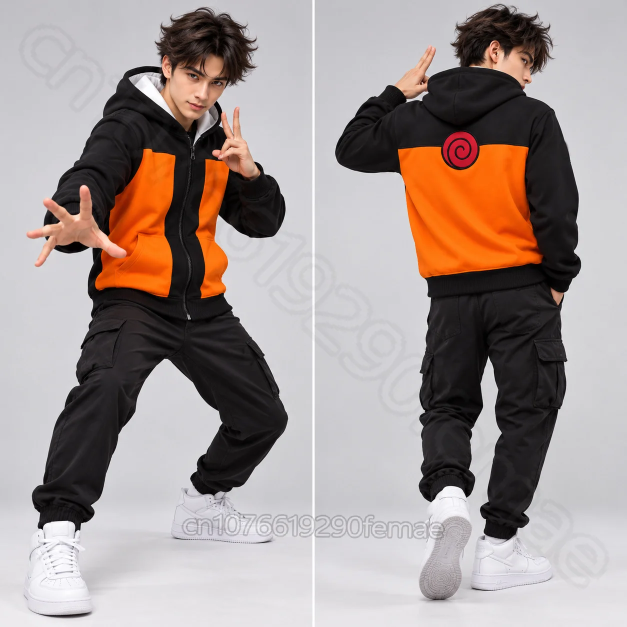 Kids Black Orange Ninja Style Zip Up Hoodie Anime Inspired Cosplay Costume Hooded Sweatshirt Streetwear Jacket for Girls Boys