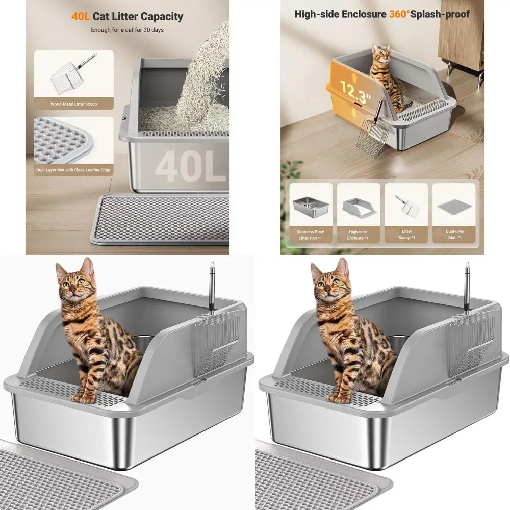 

Extra Large High-Sided Metal Cat Litter Box for Large Cats with Enclosed Lid, Easy-Clean Mat & Scoop Kit, Anti-Leakage Design (G