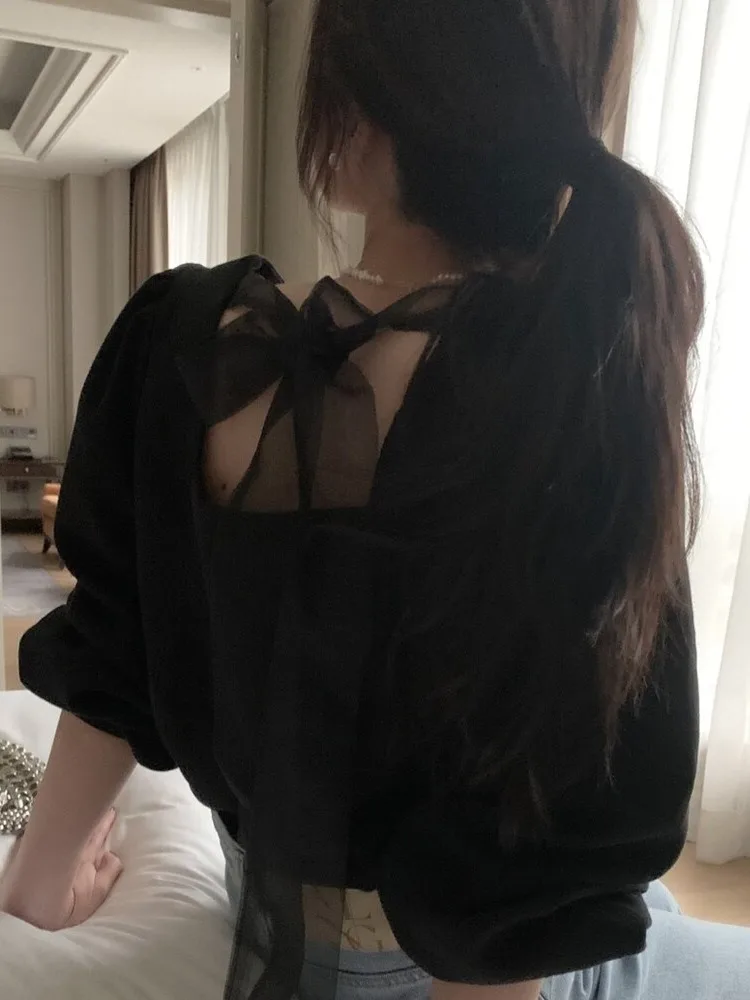 

Ele Loose Bubble Sve irt женский модный узел Bal Chic топ для офиса весна осень чистый цвет