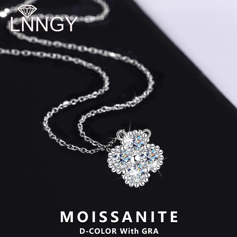 

Lnngy Exquisite 925 Sterling Silver Four-Leaf Flower Moissanite Necklaces for Women Y-shaped Chain Necklace 2025 Trend Jewelry