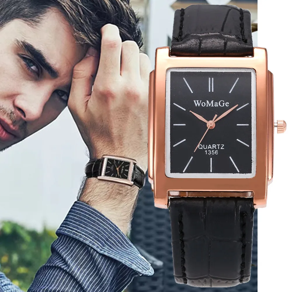 WoMaGe Simple Fashion Rectangle Men\'s Watch Luxury Metal Case Quartz Watch for Men Casual Leather Strap Male Clock reloj hombre