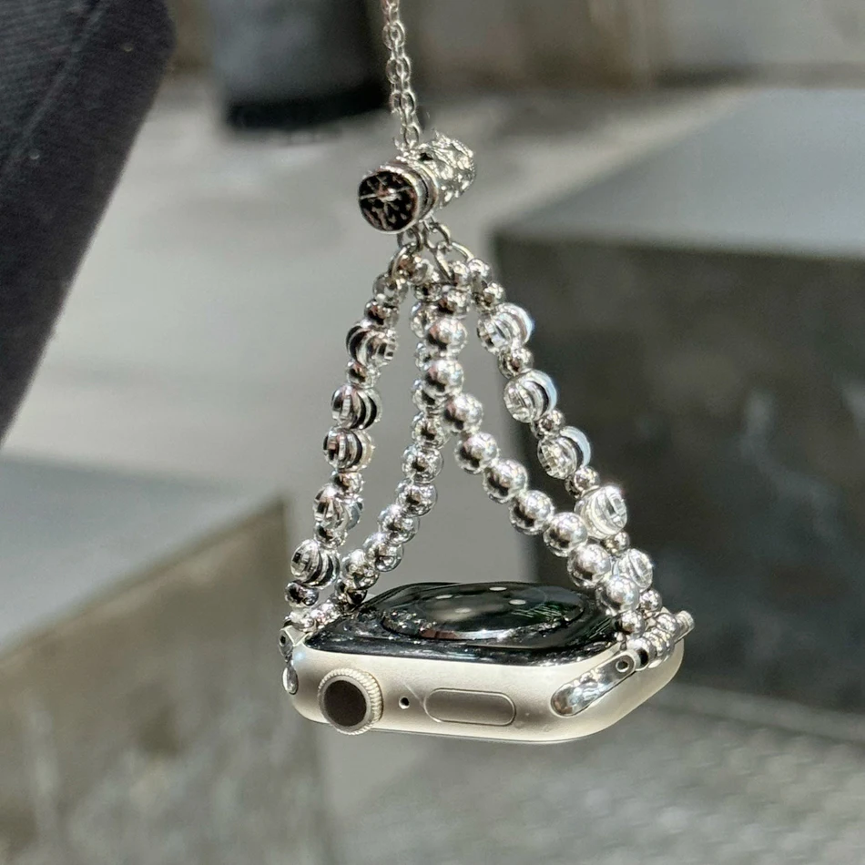 Cinturino in argento lucido con perline per Apple Watch UItra 10 9 8 7 6 SE Band iWatch Series 41 42 40 38 49 45 44 46mm Braccialetti Premium donna