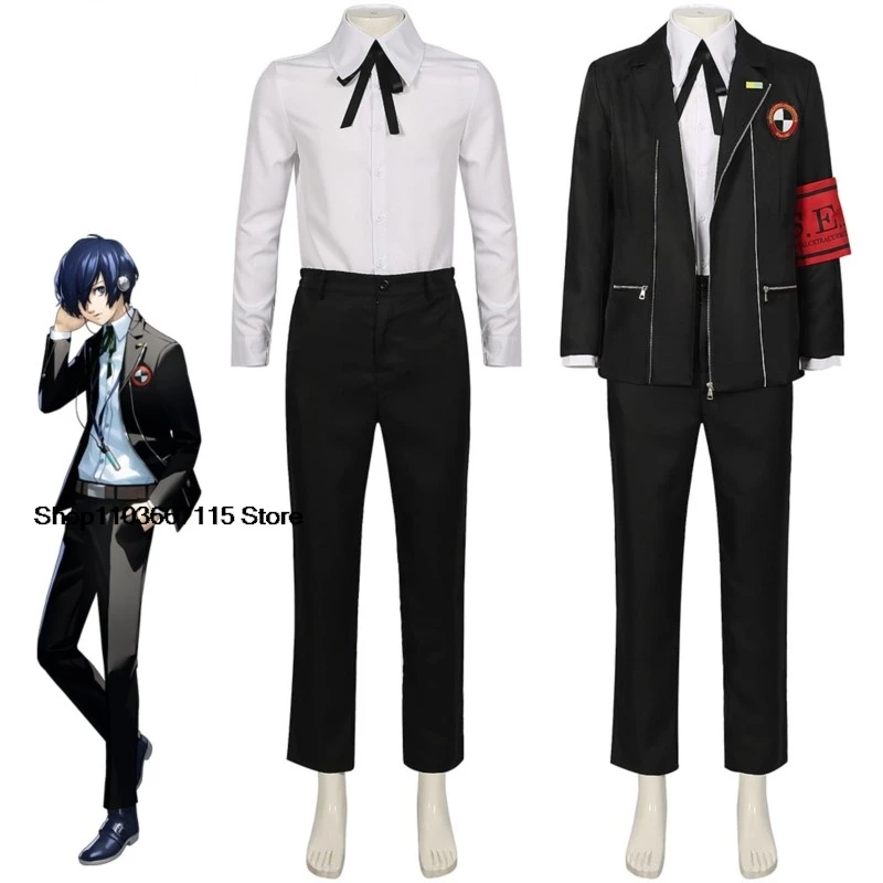 New Game P3 Makoto Yuki Cosplay Costume Wig Gekkoukan High School Uniform Embroidery Black Suit Pants Shirt Daily Wearing Gifts