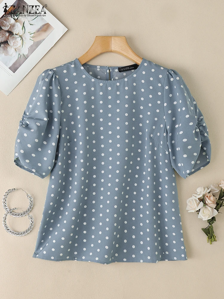 Summer Polka Dot Woman Blouses ZANZEA Elegant Work OL Shirts Casual O-Neck Puff Sleeve Blusas Stylish Holiday Tops Tunic Femme