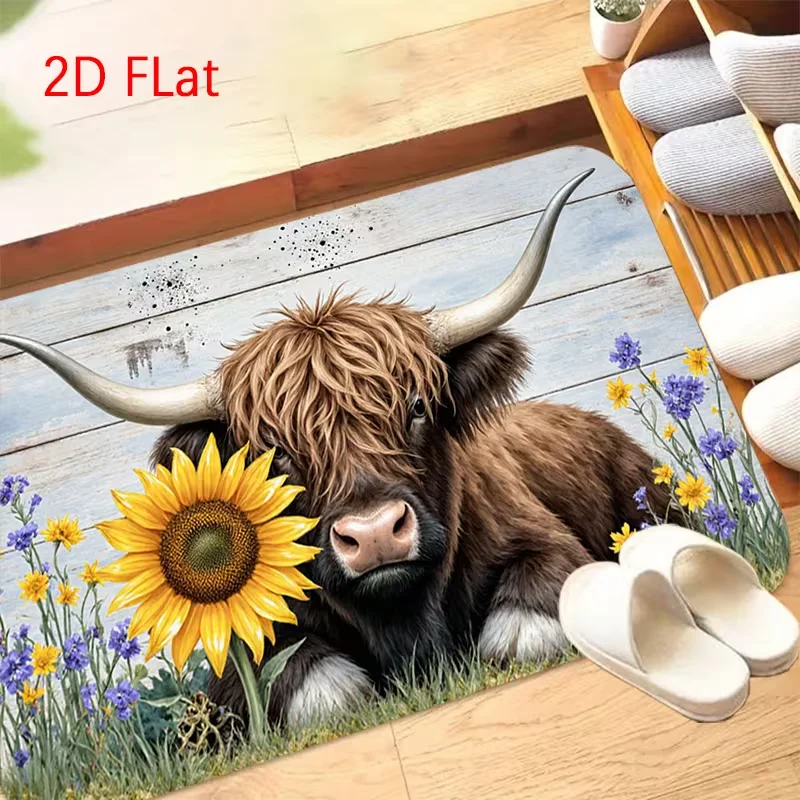 Realistic Highland Cow Portrait Door Mat Non Slip Floor Rug Fluffy Scottish Cattle Animal Print Entrance Carpet For Farmhouse