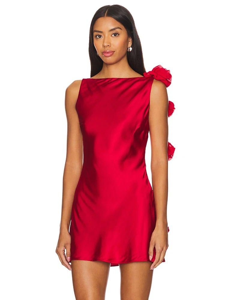 

Red Satin Backless Mini Dress – Elegant One-Shoulder Rose Appliqué Party Evening Clubbing Birthday Dinners Dress for Women