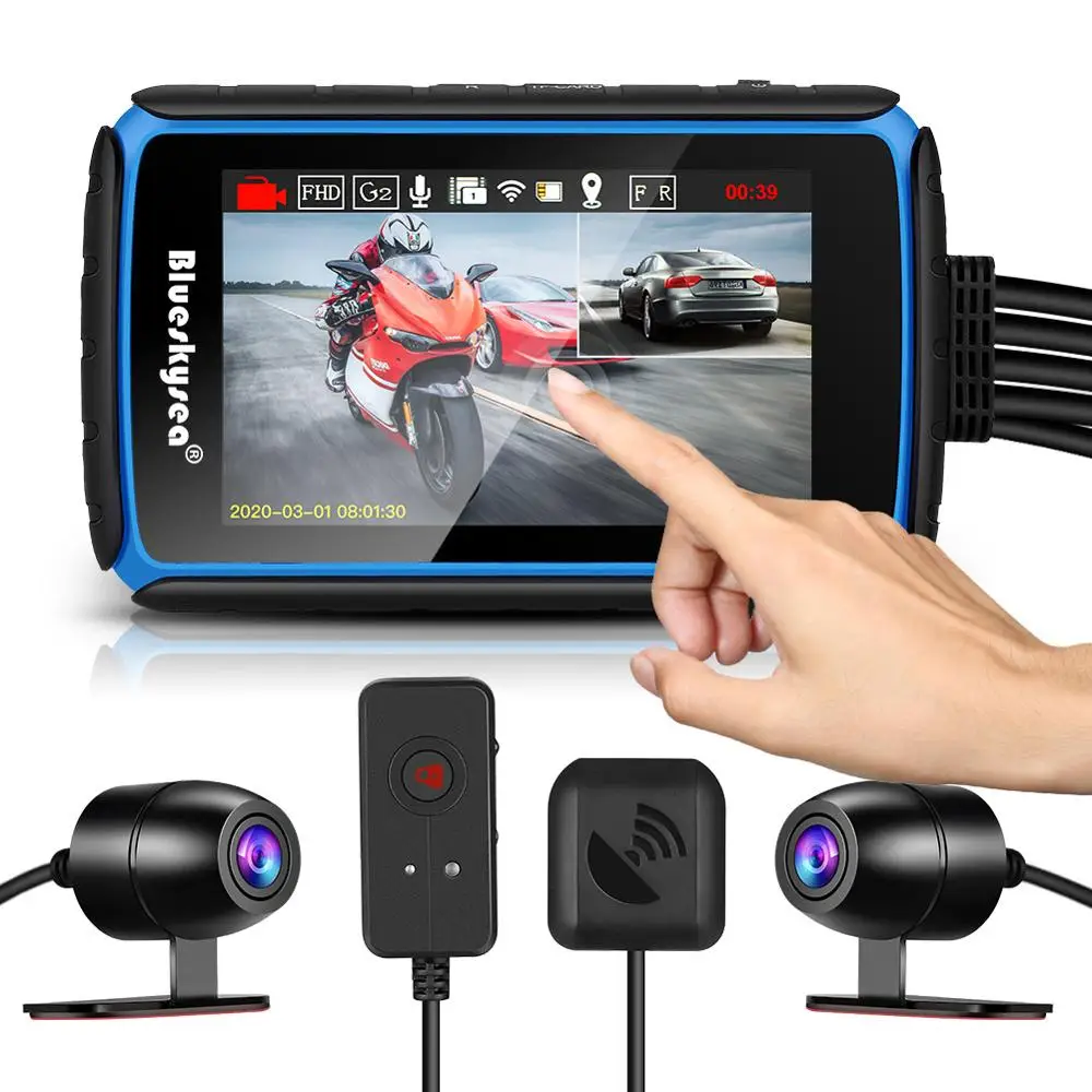 

Blueskysea DV988 Motorcycle Dash Cam 1080p Dual Lens DVR with 4'' IPS Touch Screen Waterproof IP66 Loop Recording with GPS