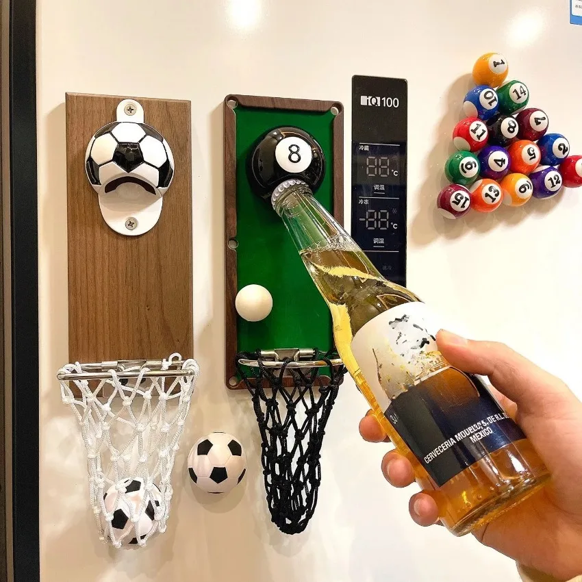 Funny Billiard Bottle Opener Refrigerator Magnet Wall Opener with Cap Collector Wall-Mounted Catchers Kitchen Patio Bar Decor