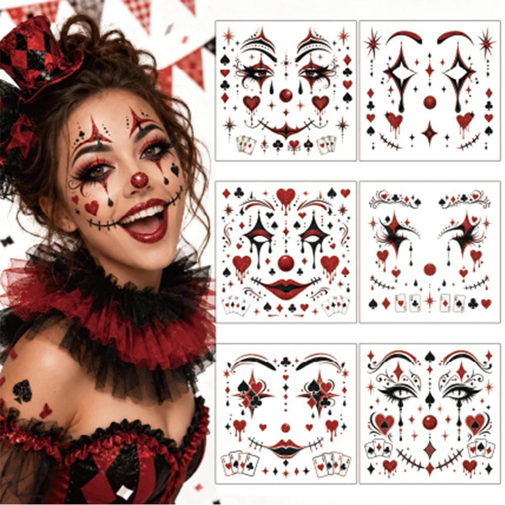 6-teiliges Set Halloween Wasserfeste Glitzer-Clown-Gesichtsaufkleber – Poker-Themen-Party-Make-up & Neuartige Gesichtsdekorationen – Detail 3