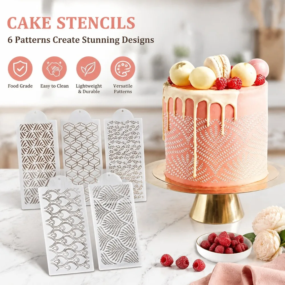 6Pcs Geometric Texture Cake Spray Stencils, Reusable PET Template for Cake Fondant Cookie Decor, Wedding and Birthday Baking Use