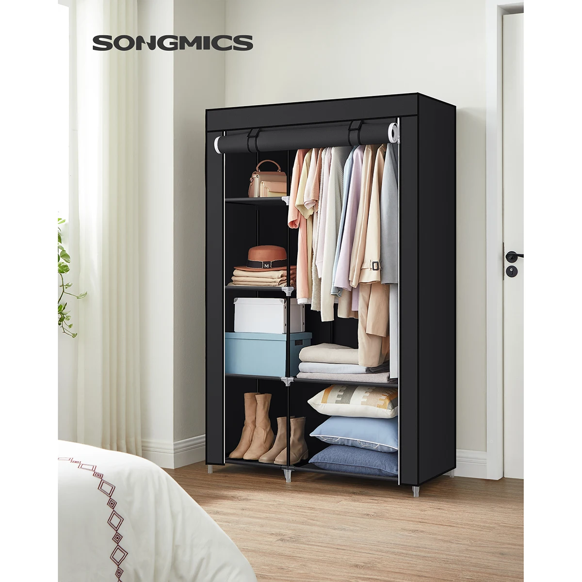 SONGMICS Armoire à Vêtements, Penderie, 2 Tringles à vêtements, 6 Niveaux, Tissu Non-tissé, Cadre Métallique, 45 x 105 x 168 cm, pour Chambre, Couloir, Dressing