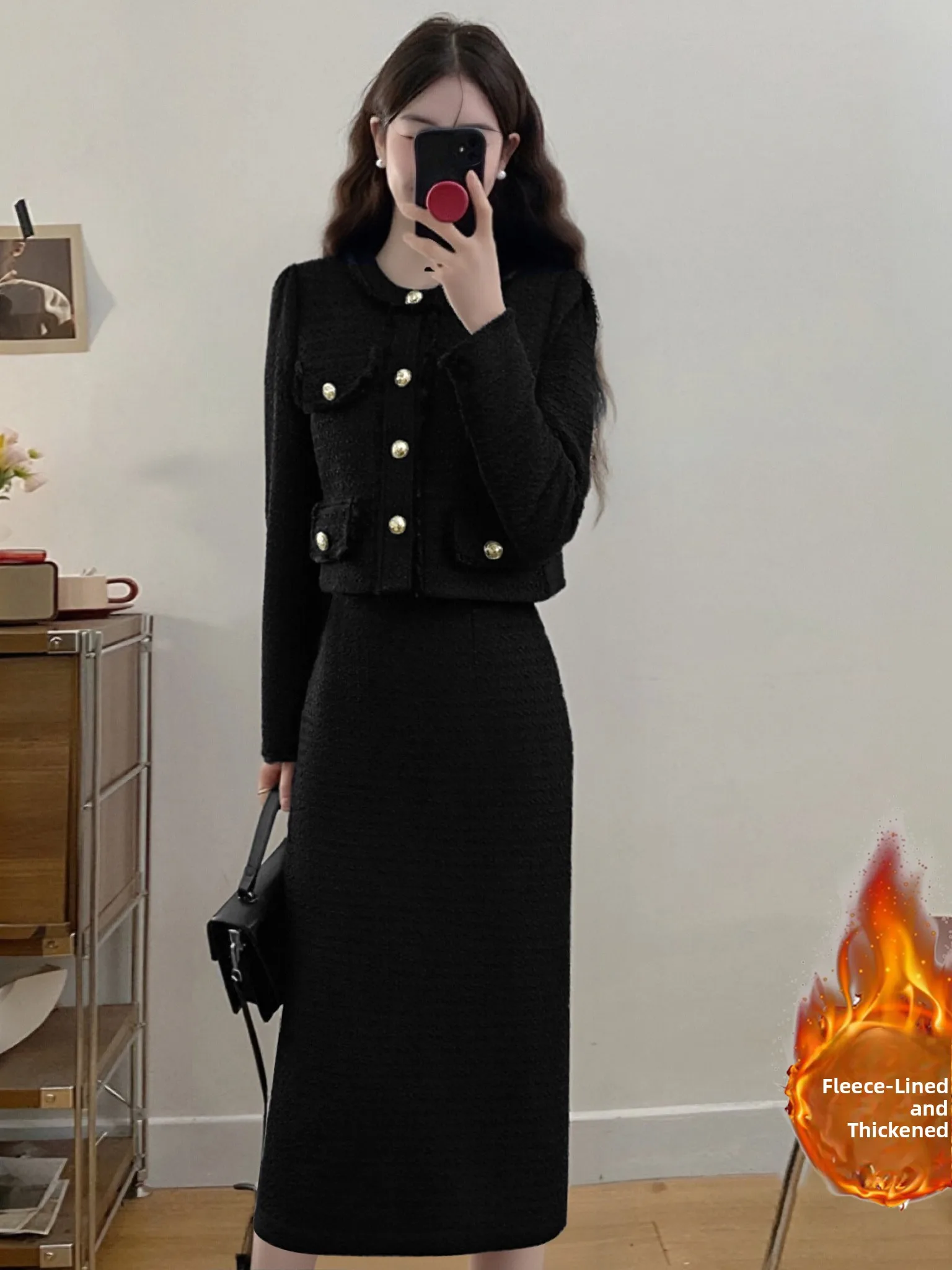 

Thickened Cotton Winter Fashion Set Women's Mid-Length Korean Drama Style DM0196A Ensemble Polyester Fiber Long Sleeve round ...