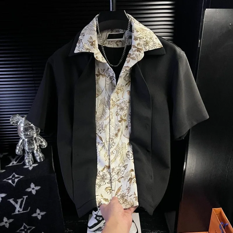 Men Summer Ice Silk Wrinkle Free Breathable Fake Two Piece Floral Splicing Short Sleeve Shirt Casual Versatile Lapel Blouse