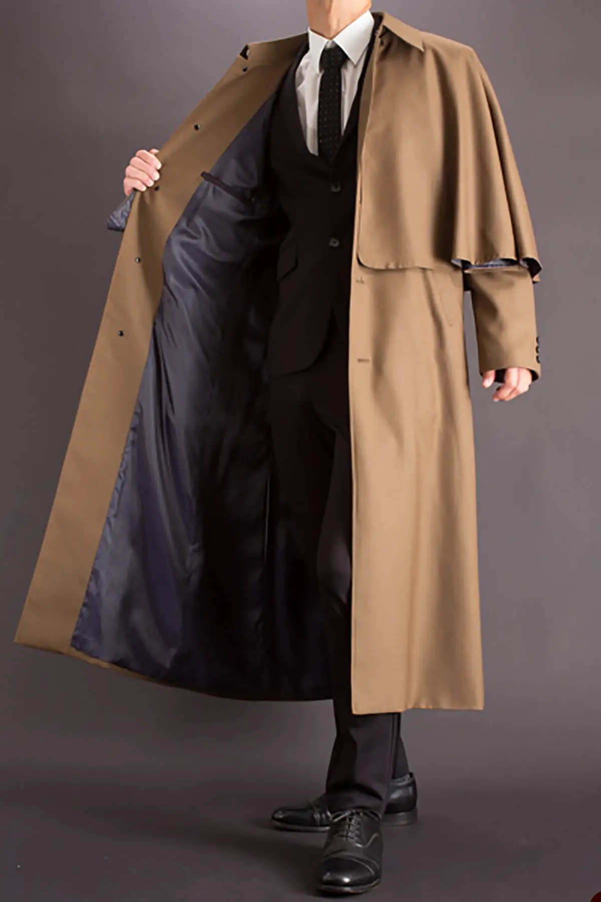 Manteau en laine avec cape pour hommes, coupe-vent à revers à simple boutonnage, pardessus long d'automne rétro, sur mesure