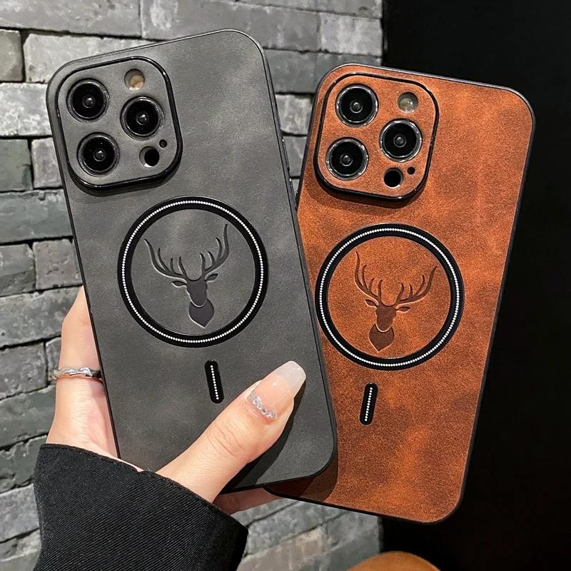 Luxury Magsafe Wireless Charge Deer Cortex Phone Case For iPhone 14 13 12 11 Pro Max X XS XR Max Plus Magnetic Bumper Cover