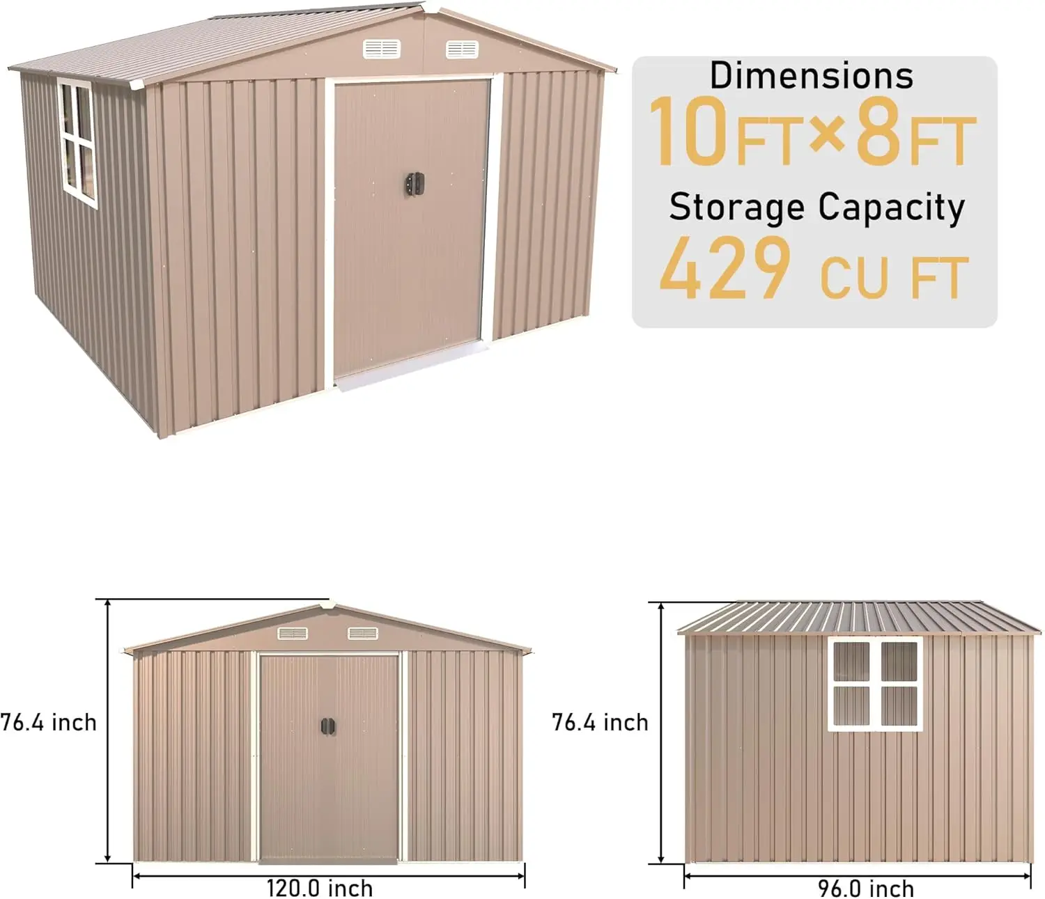 سقيفة تخزين خارجية 10 × 8 أقدام مع نافذة، سقيفة أدوات معدنية كبيرة مع باب قابل للقفل وسقف منحدر مقاوم للمطر، سقيفة حديقة للظهر