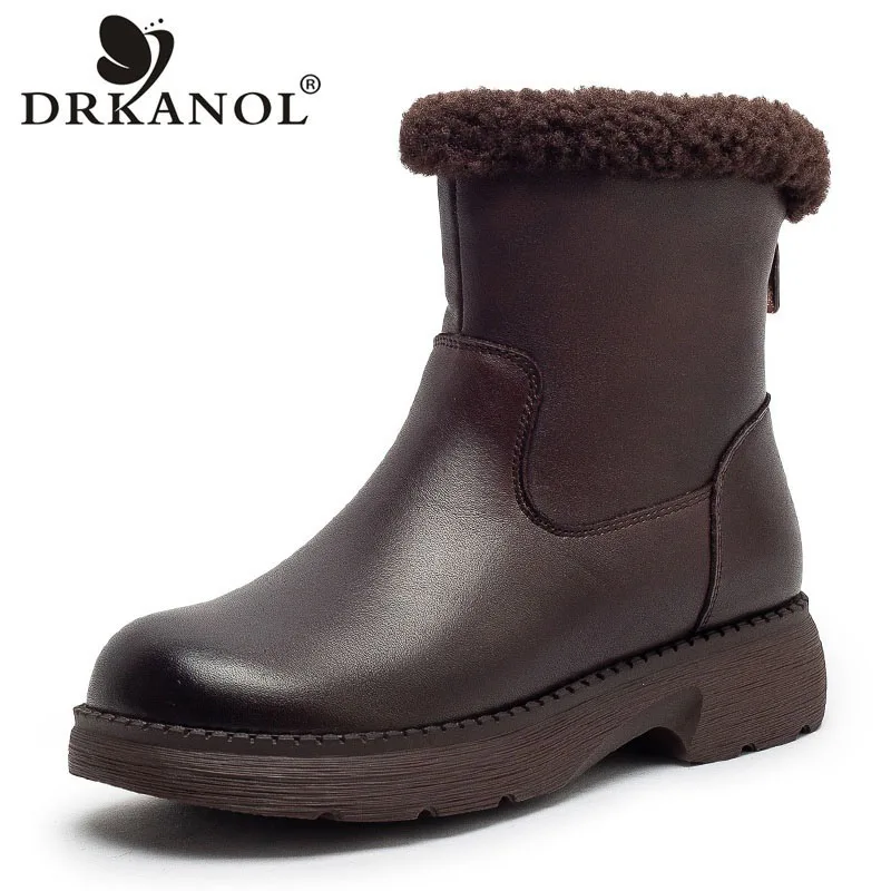 

DRKANOL Women Winter Snow Boots Handmade Retro Genuine Cow Leather Thick Sole Flat Heel Back Zipper Warm Mid Calf Cotton Boots