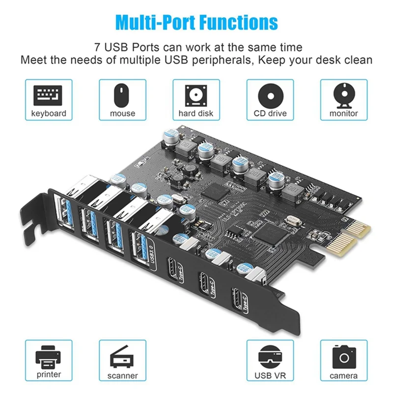 

2 Pcs 7 Ports PCI-E To USB 3.0 Expansion Card PCI-E To Type-C Expansion Card Converter For Desktop PC, For Win/Linux/ Etc