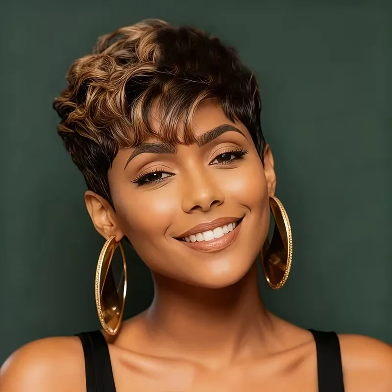 

Парик из натуральных волос афро-пушистый, кудрявый, с укороченной стрижкой пикси, цвет кофейно-коричневый, 100% натуральные волосы, короткий, кудрявый, машинной работы