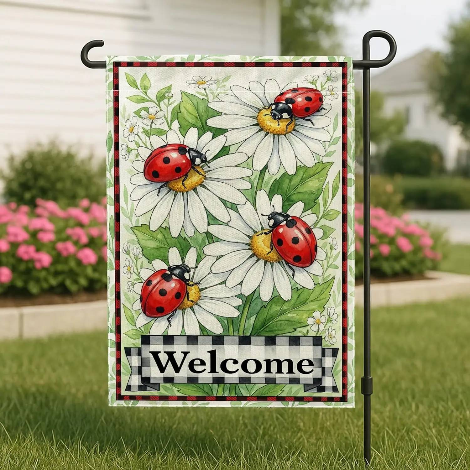 Ladybug Garden Flag, Welcome Garden Chrysanthemum Leaf Spring Red Burlap Double Sided Small Yard Flag for Outdoor Front Porc yyi