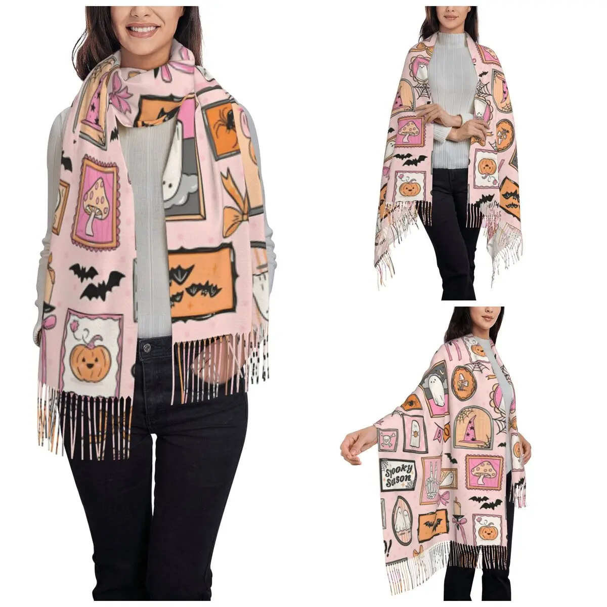 Women's Tassel Scarf Halloween Cute Ghosts Single-sided Pattern Soft Warm Shawl Wrap Gifts Cashmere Scarf