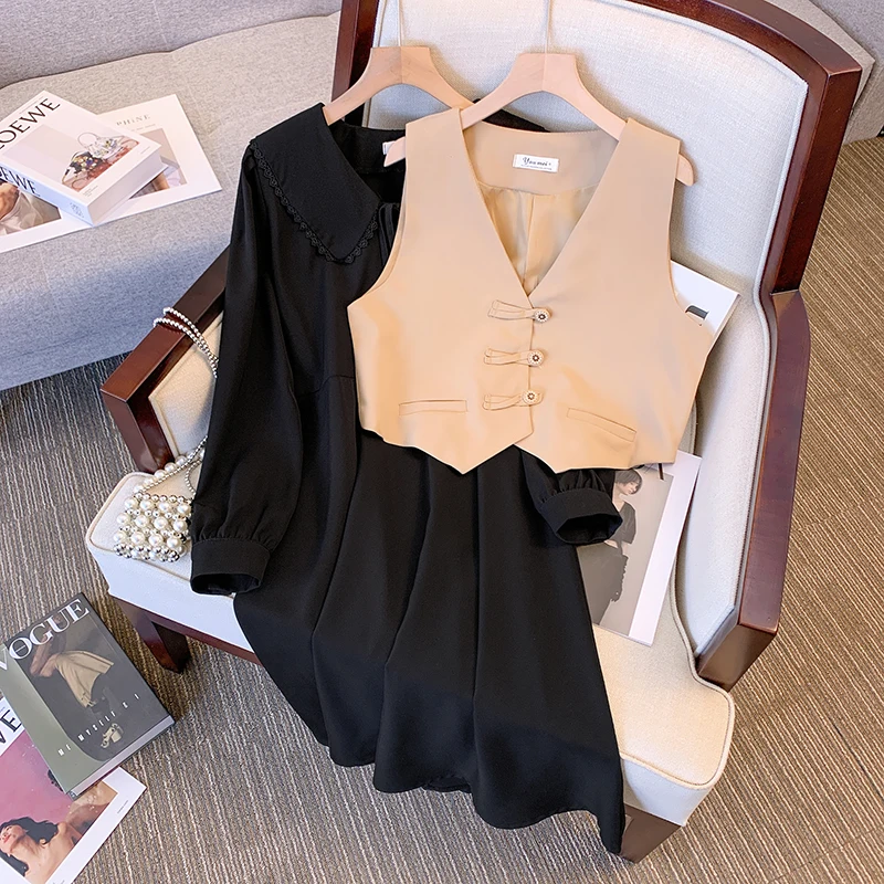 

Women Elegant Work Suit Vest Jacket Coat Top And Long Sleeve Black Dress Two Piece Set Matching Outfit 2022 Autunm Clothing