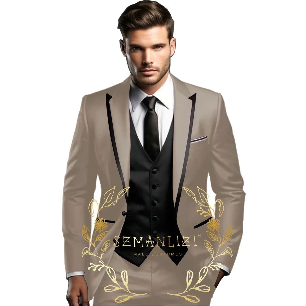 Italian Design Brown Wedding Suits For Men Slim Fit Groom Tuxedos 3 Pieces Business Male Prom Blazer Vest Pant Costume Homme