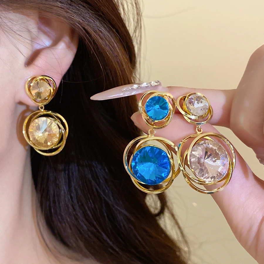 Double-Layer Spiral Frame Drop Earrings for Women Large Round Zircon Yellow Blue and Clear Tones  Luxury Designer Jewelry